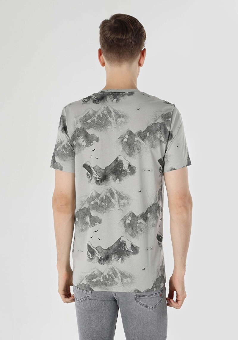 Regular Fit Yuvarlak Yaka Baskılı Erkek Gri Kısa Kol Tişört