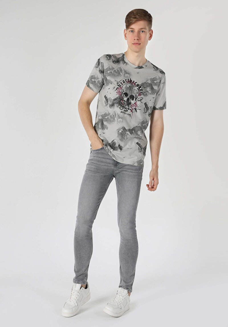 Regular Fit Yuvarlak Yaka Baskılı Erkek Gri Kısa Kol Tişört