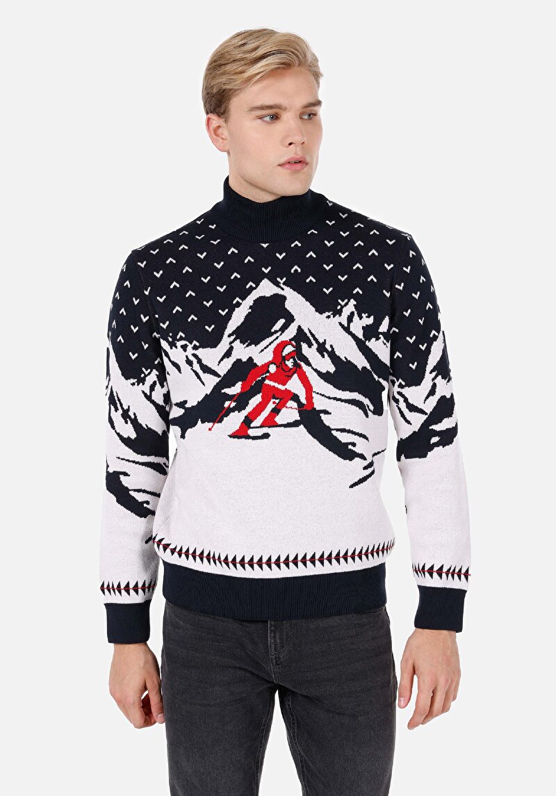 Regular Fit Yarım Balıkçı Yaka Jakarlı Erkek Lacivert Kazak