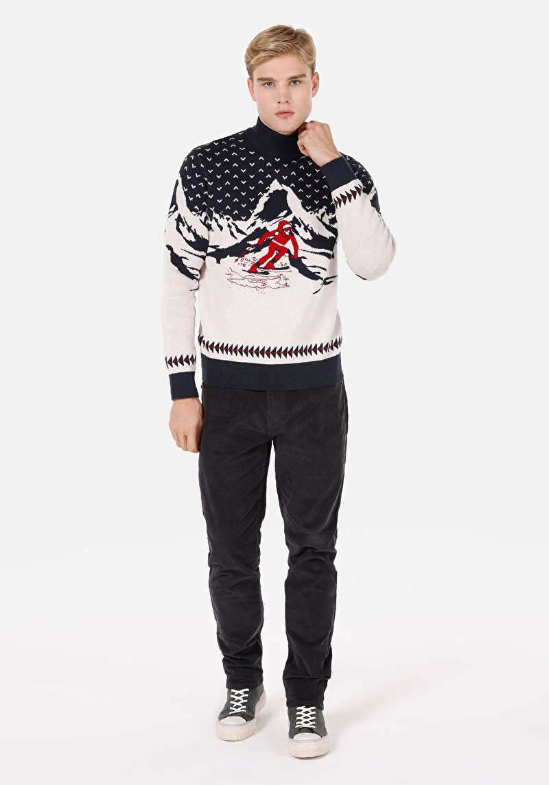 Regular Fit Yarım Balıkçı Yaka Jakarlı Erkek Lacivert Kazak