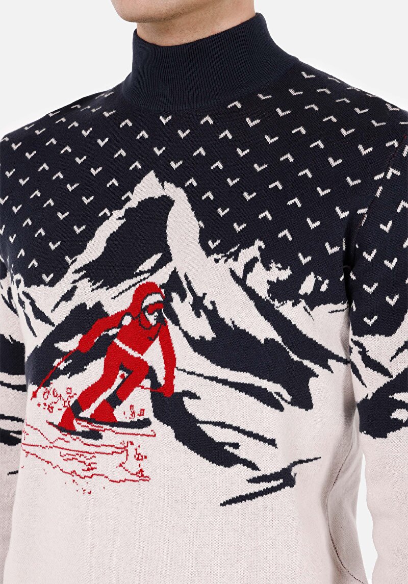 Regular Fit Yarım Balıkçı Yaka Jakarlı Erkek Lacivert Kazak