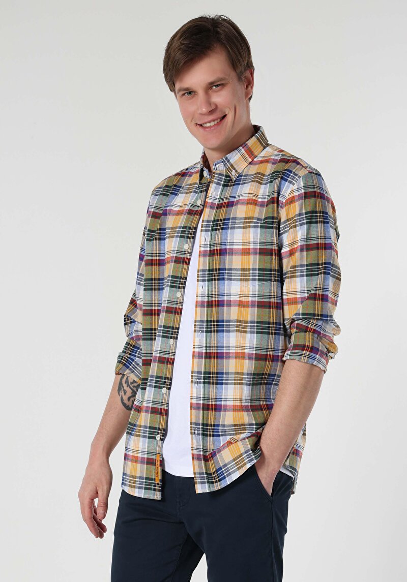 Regular Fit Shirt Neck Ekoseli Erkek Çok Renkli Uzun Kol Gömlek