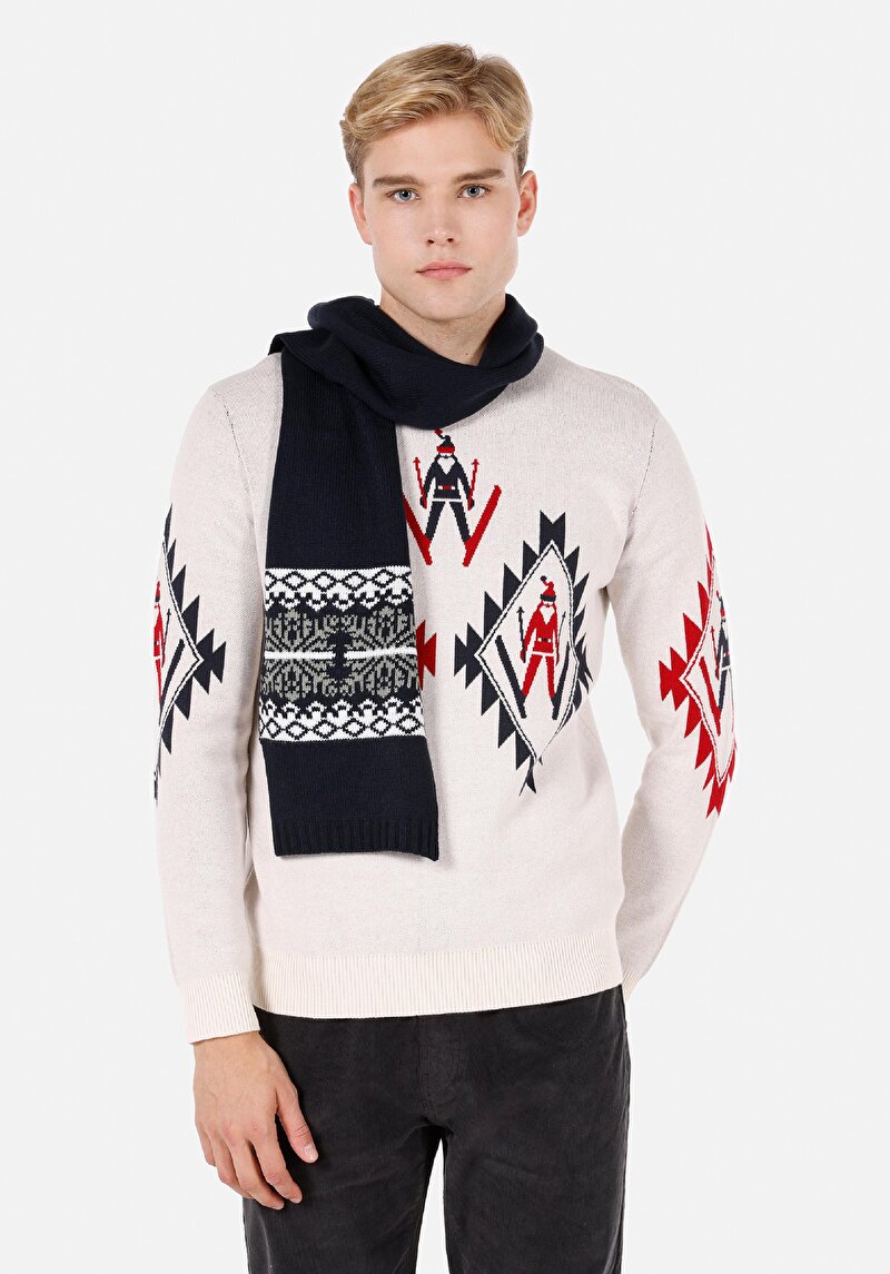 Regular Fit Yuvarlak Yaka Jakarlı Erkek Ekru Kazak