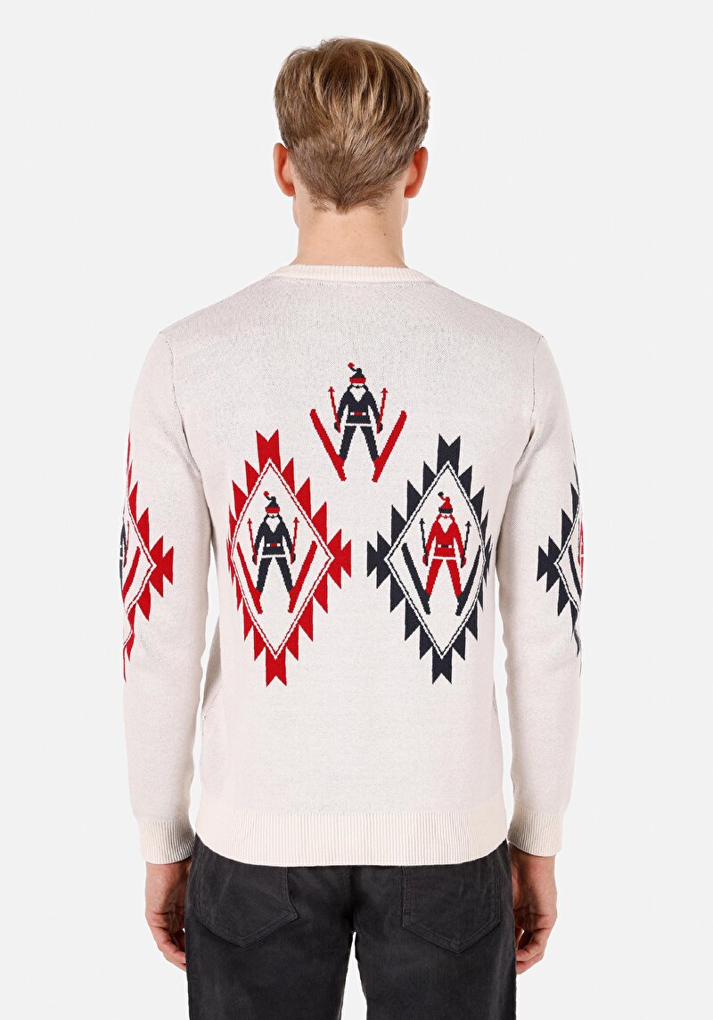 Regular Fit Yuvarlak Yaka Jakarlı Erkek Ekru Kazak