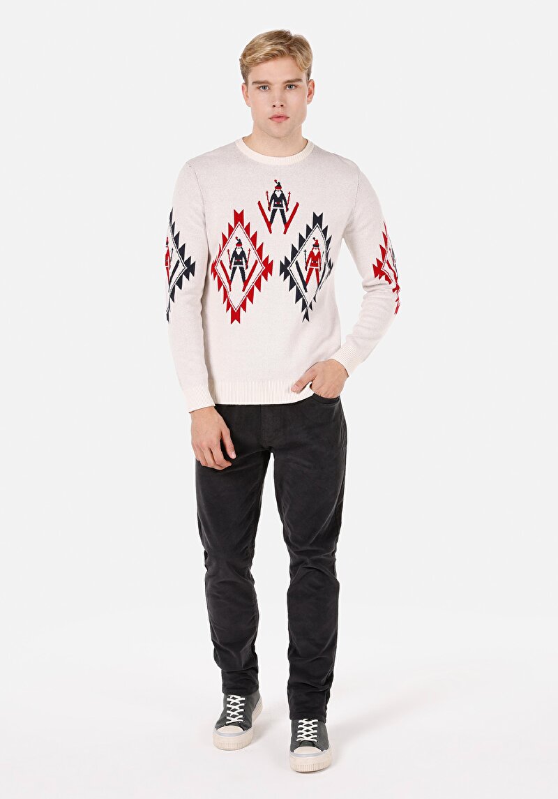 Regular Fit Yuvarlak Yaka Jakarlı Erkek Ekru Kazak