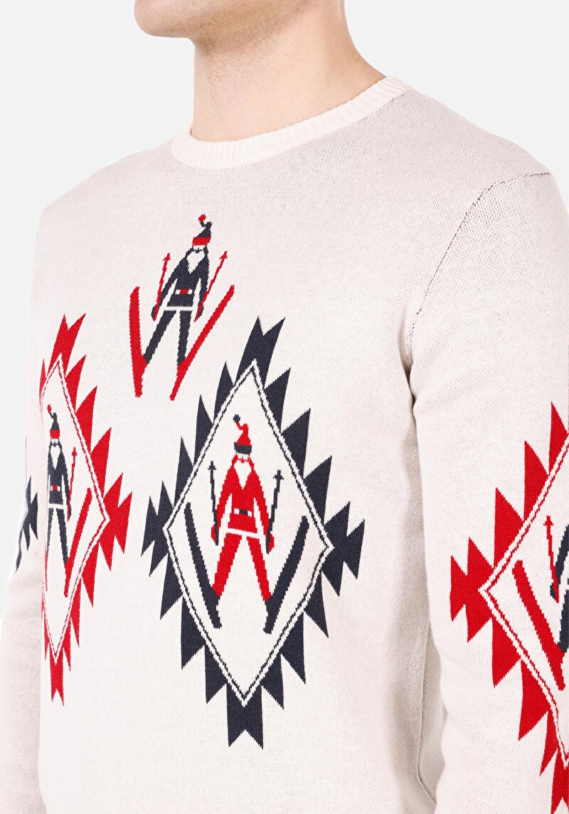 Regular Fit Yuvarlak Yaka Jakarlı Erkek Ekru Kazak