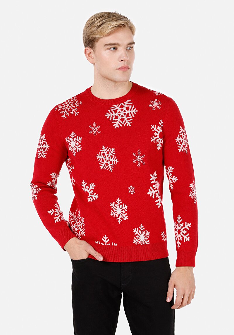 Regular Fit Yuvarlak Yaka Jakarlı Erkek Kirmizi Kazak