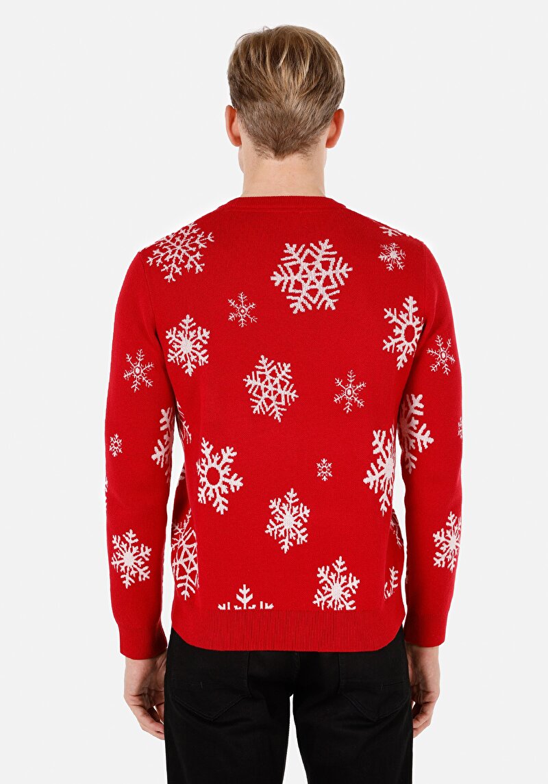 Regular Fit Yuvarlak Yaka Jakarlı Erkek Kirmizi Kazak