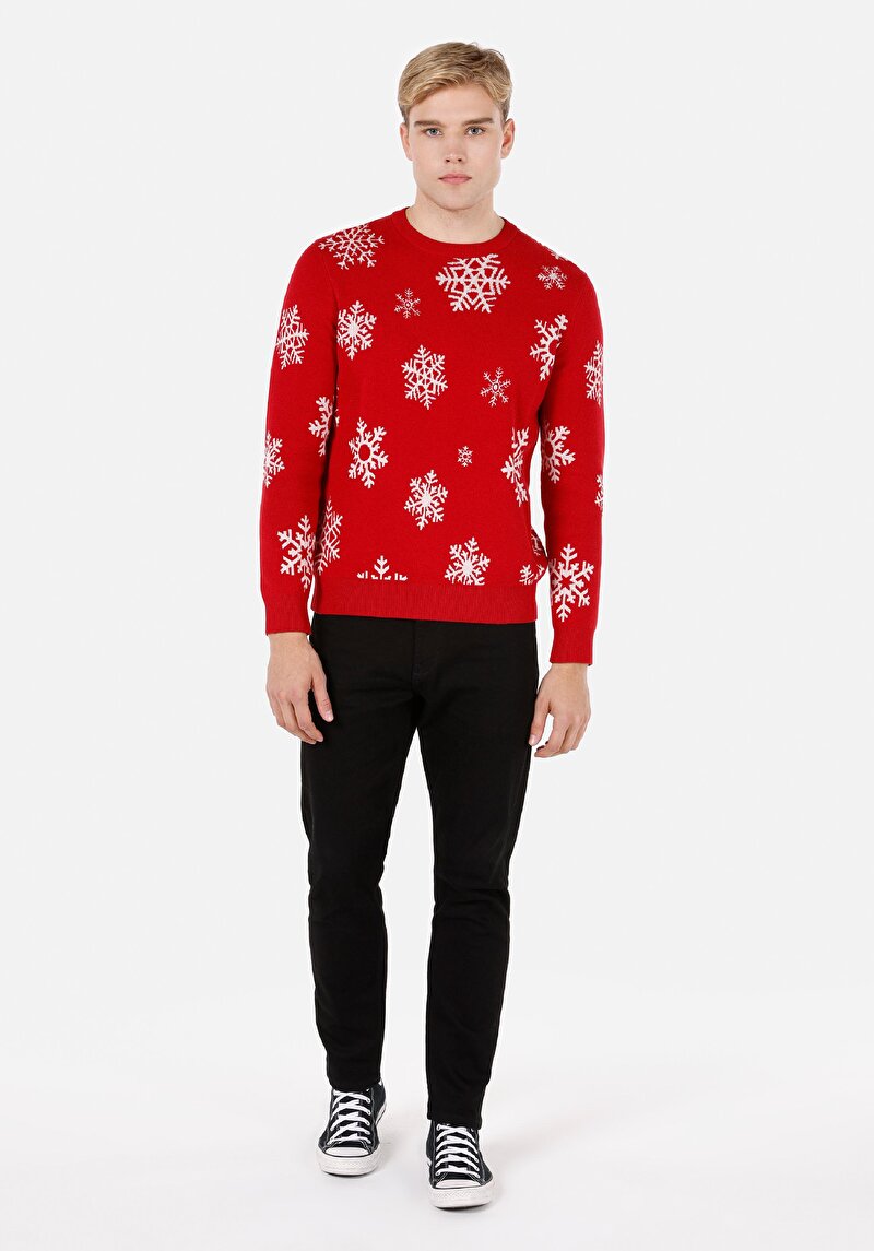 Regular Fit Yuvarlak Yaka Jakarlı Erkek Kirmizi Kazak