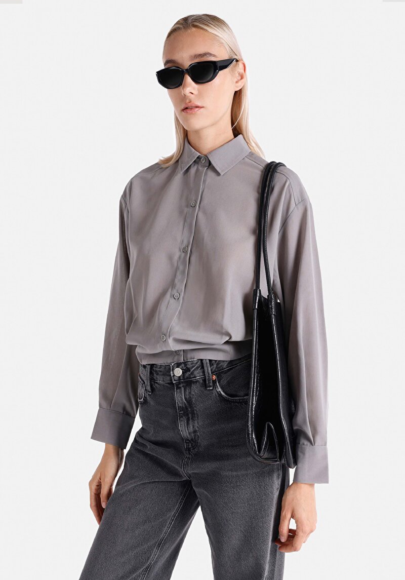 Regular Fit Shirt Neck Ekoseli Kadın Gri Uzun Kol Gömlek
