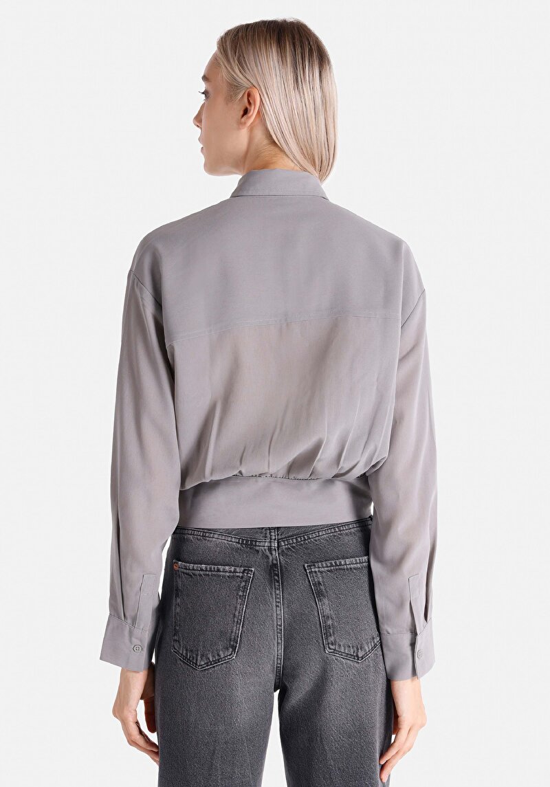 Regular Fit Shirt Neck Ekoseli Kadın Gri Uzun Kol Gömlek
