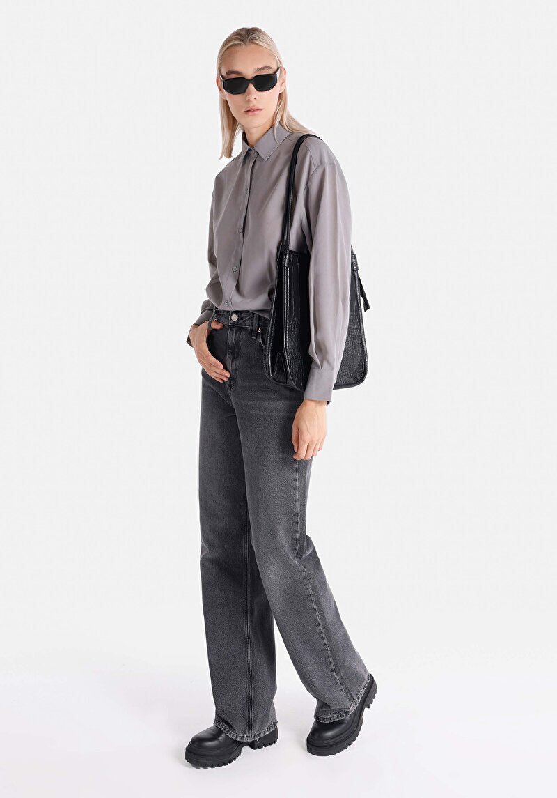 Regular Fit Shirt Neck Ekoseli Kadın Gri Uzun Kol Gömlek