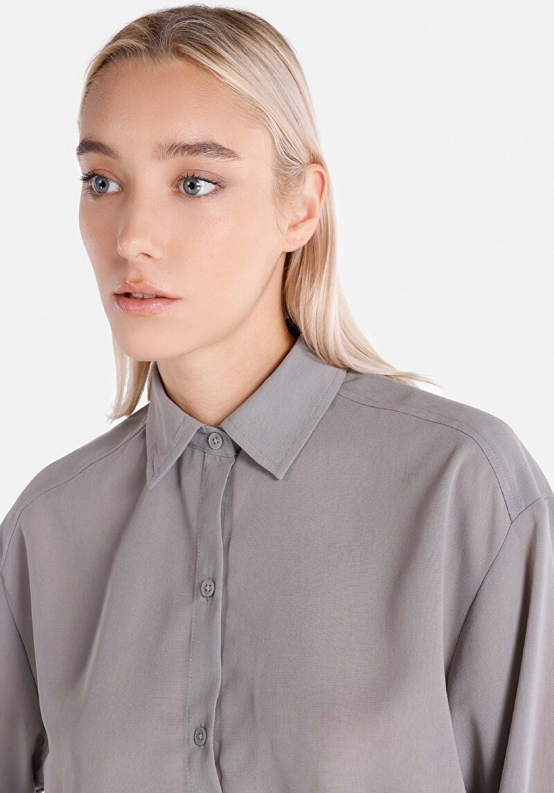 Regular Fit Shirt Neck Ekoseli Kadın Gri Uzun Kol Gömlek