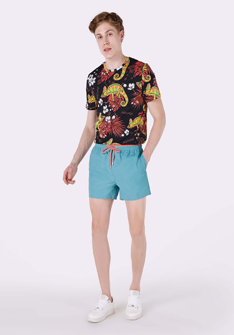 Slim Fit Düz Dokuma Erkek Mavi Deniz Şortu