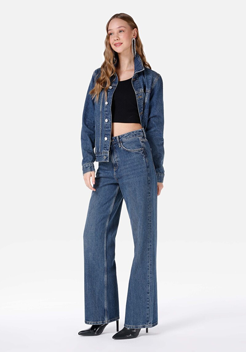 Regular Fit Yüksel Bel Geniş Paça Fermuarlı Kadın İndigo Denim Jean Pantolon