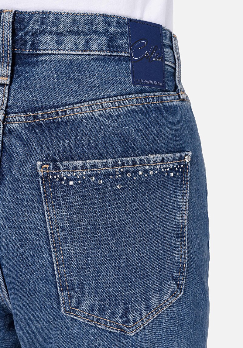 Regular Fit Yüksel Bel Geniş Paça Fermuarlı Kadın İndigo Denim Jean Pantolon