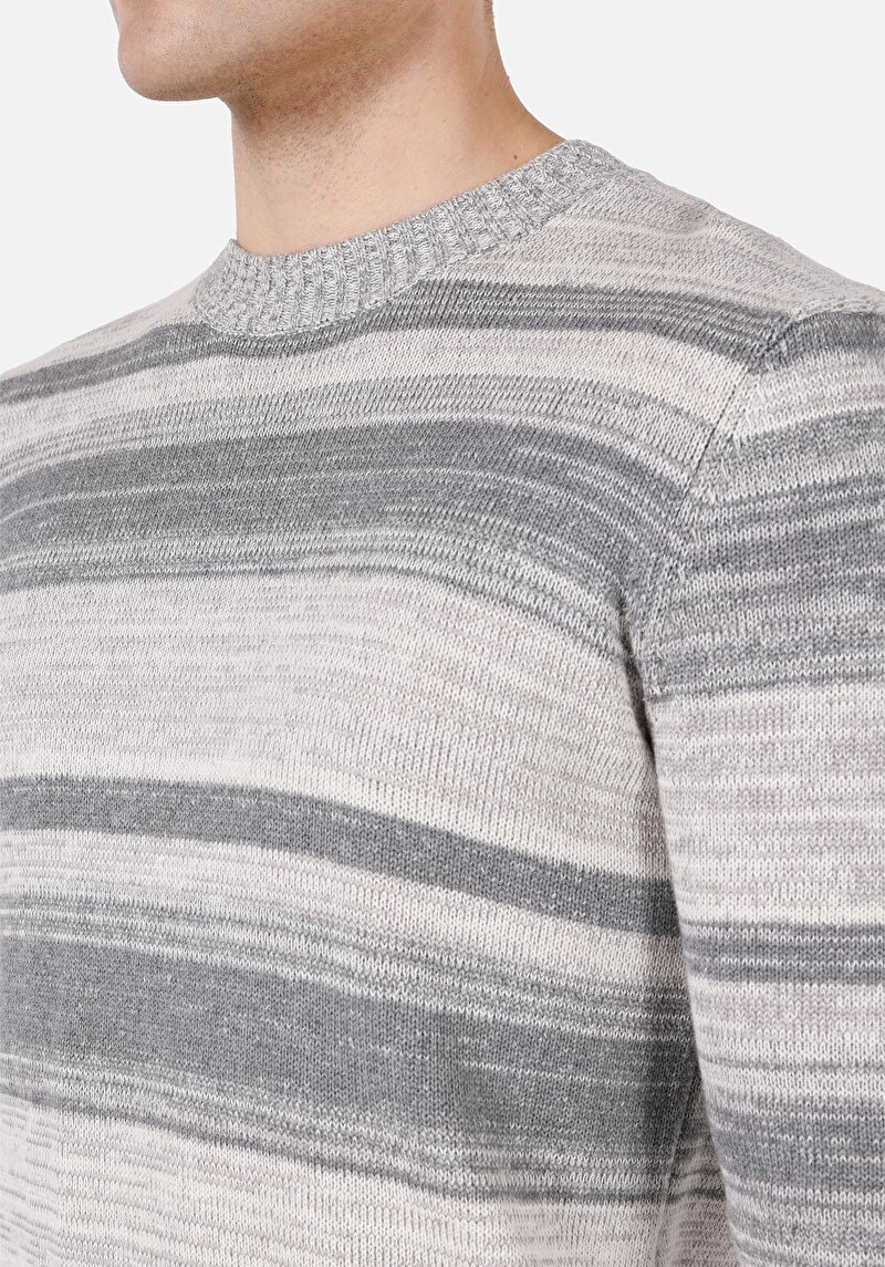 Regular Fit Yuvarlak Yaka Jakarlı Erkek Gri Triko Kazak
