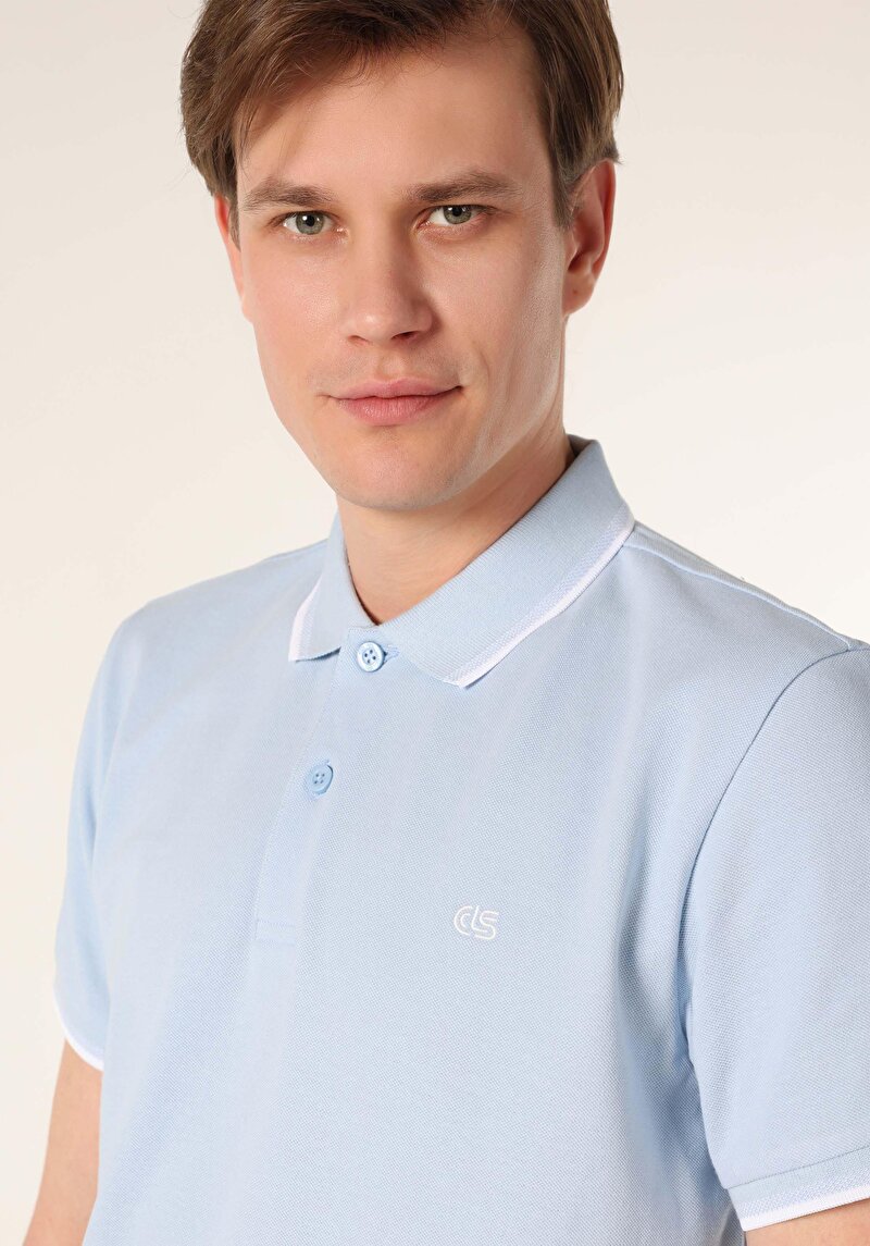 Regular Fit Polo Yaka Düz Erkek Mavi Pamuklu Cepsiz Kısa Kol Tişört