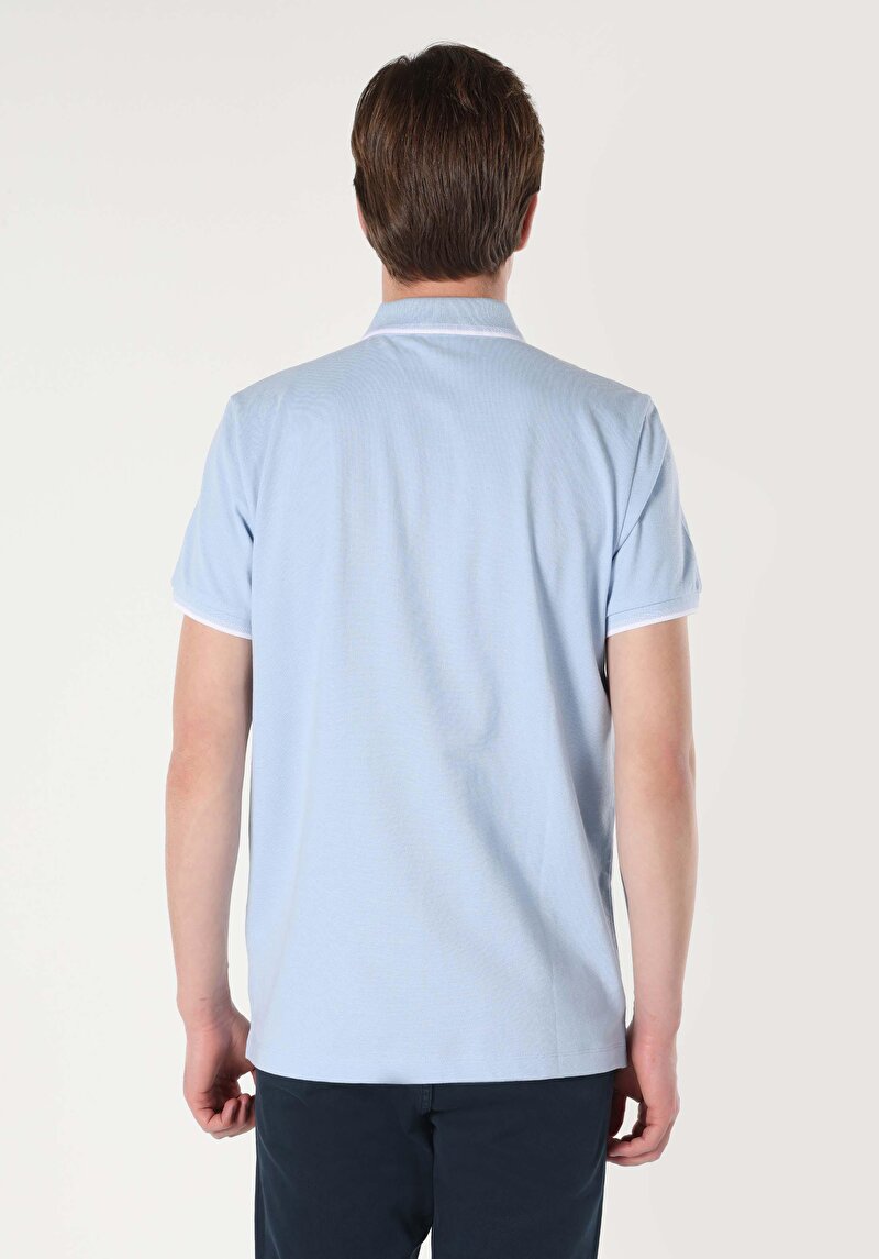 Regular Fit Polo Yaka Düz Erkek Mavi Pamuklu Cepsiz Kısa Kol Tişört