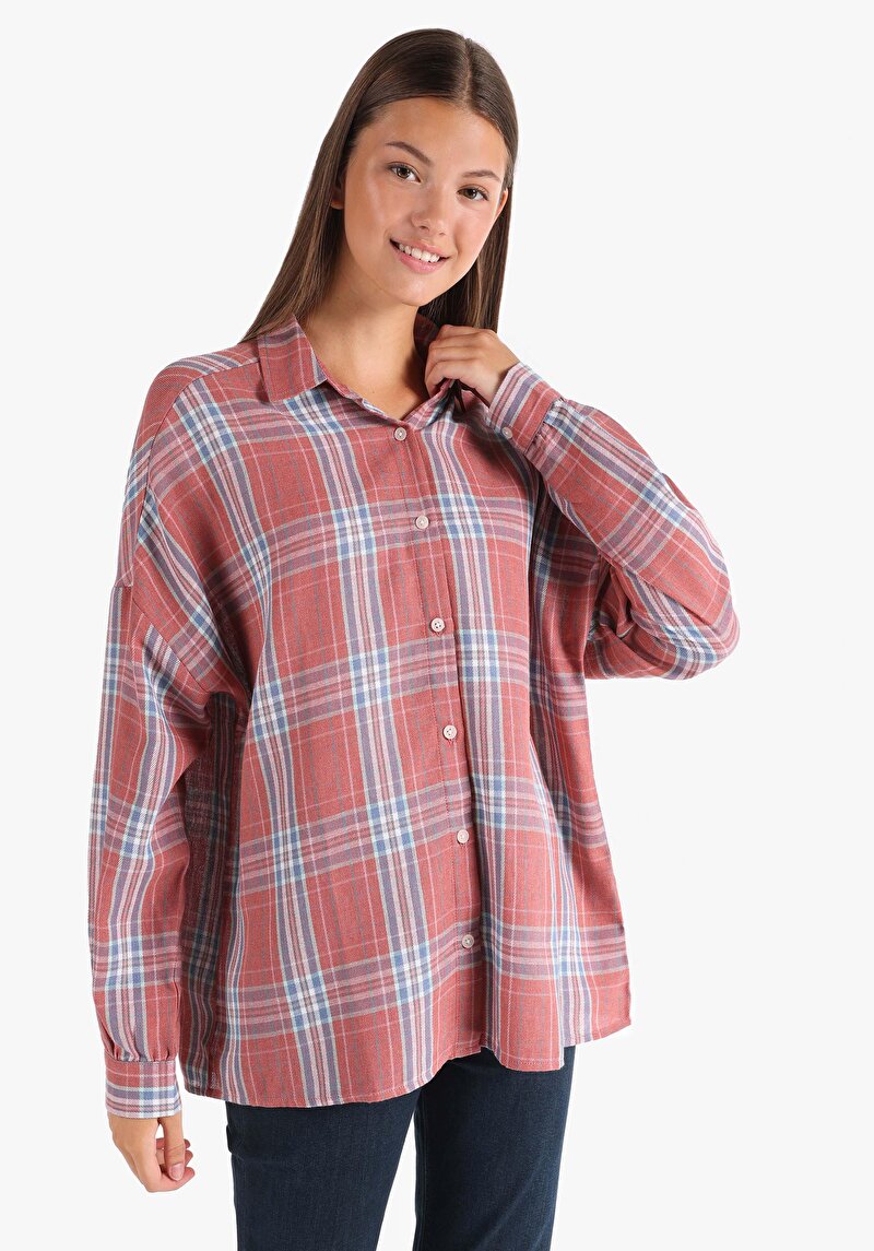 Relax Fit Cepsiz Shirt Neck Ekoseli Kadın Turuncu Uzun Kol Gömlek