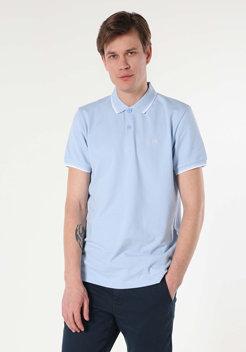 Regular Fit Polo Yaka Düz Erkek Mavi Pamuklu Cepsiz Kısa Kol Tişört