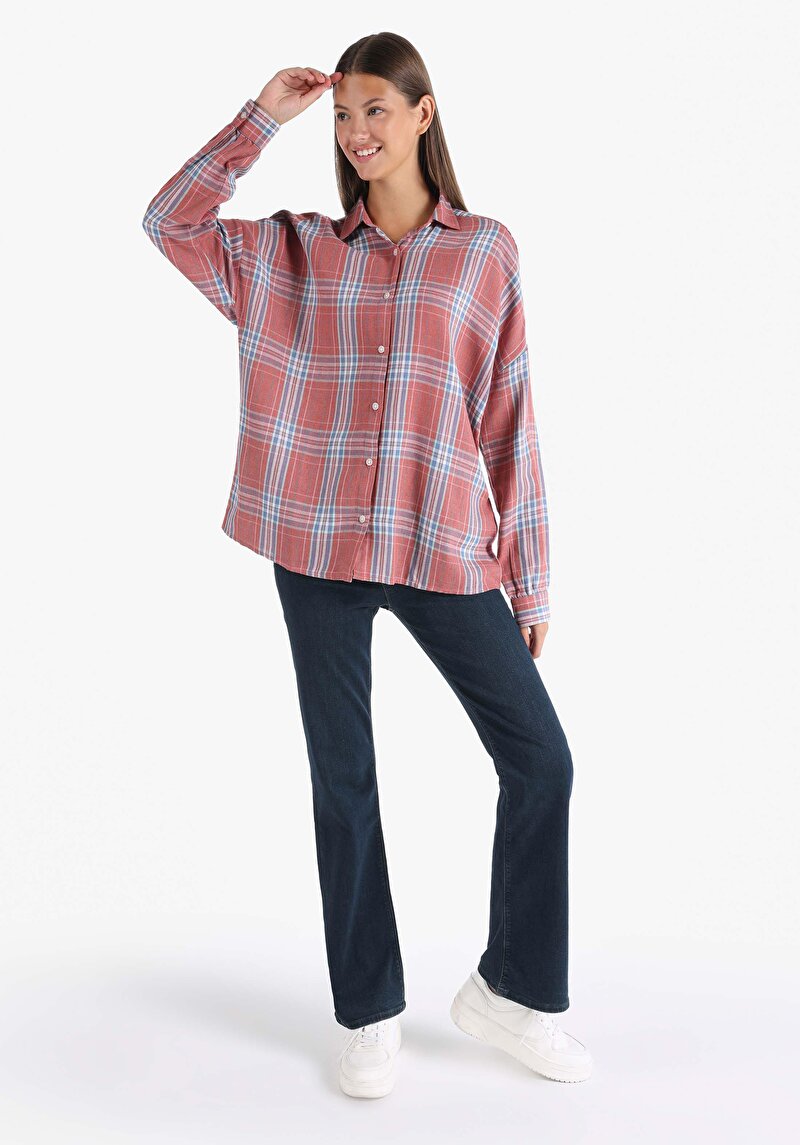 Relax Fit Cepsiz Shirt Neck Ekoseli Kadın Turuncu Uzun Kol Gömlek