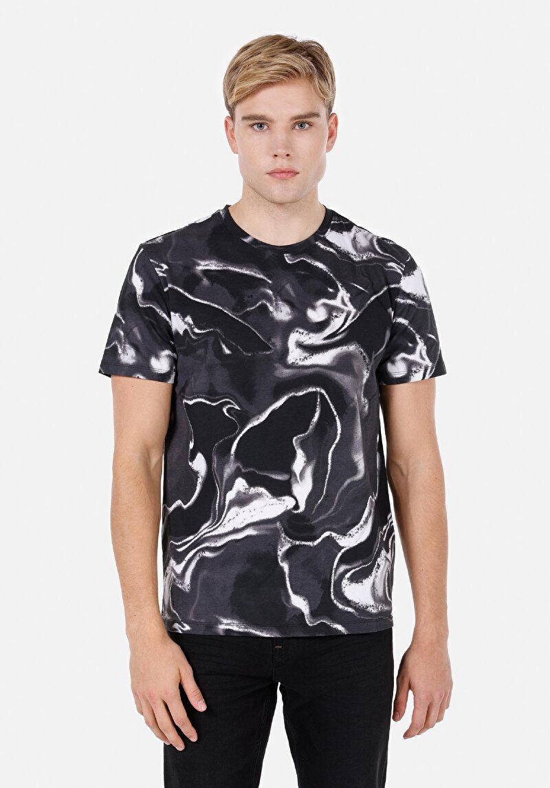 Regular Fit Yuvarlak Yaka Batik Erkek Siyah Kısa Kol Tişört