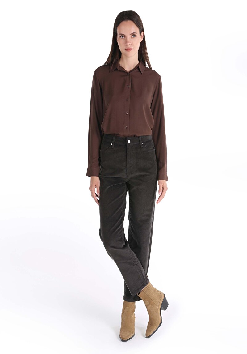 Regular Fit Yüksek Bel Geniş Paça Kadın Antrasit Pantolon