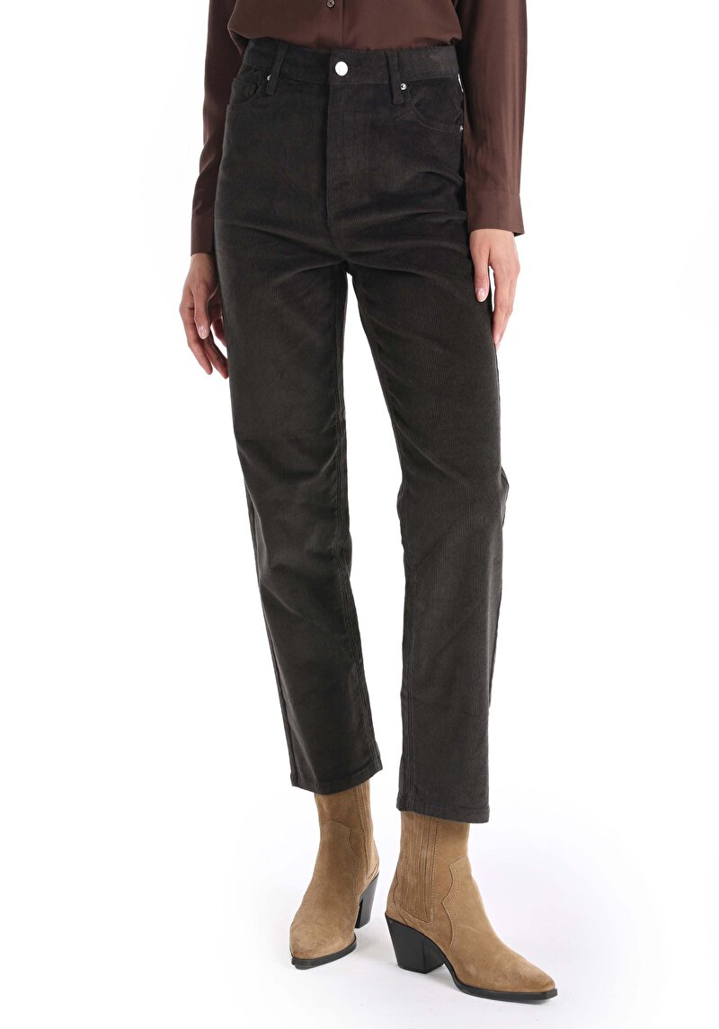 Regular Fit Yüksek Bel Geniş Paça Kadın Antrasit Pantolon