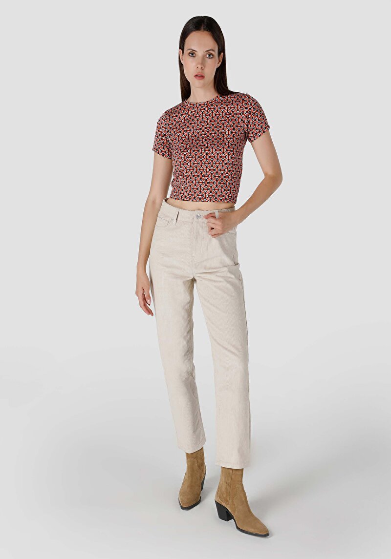 Regular Fit Yüksek Bel Geniş Paça Kadın Bej Pantolon