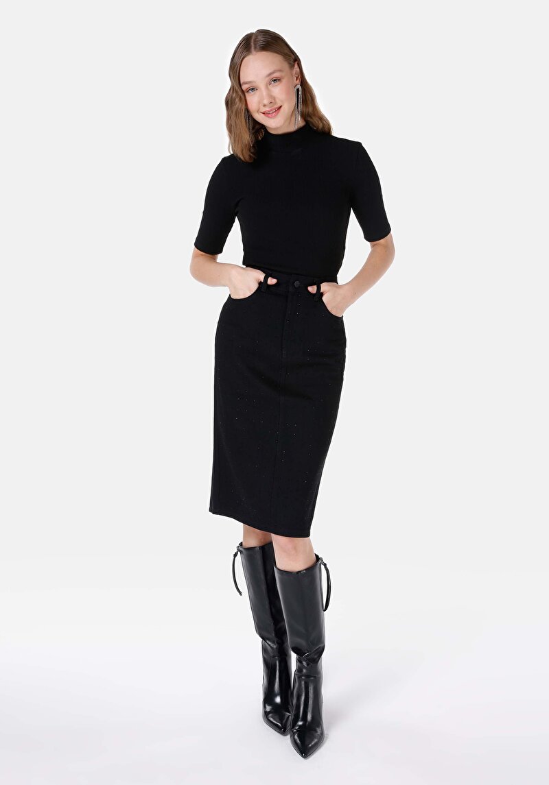 Regular Fit Düz Düğmeli Kadın Koyu Mavi Etek