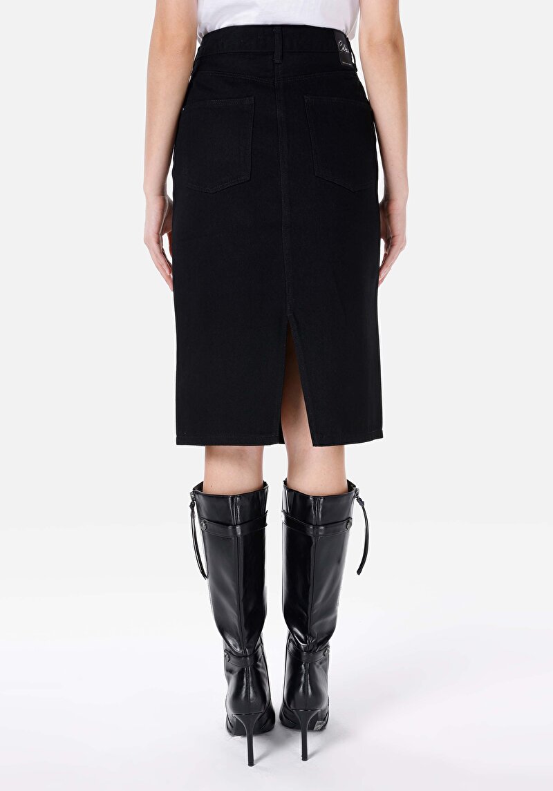 Regular Fit Düz Düğmeli Kadın Koyu Mavi Etek