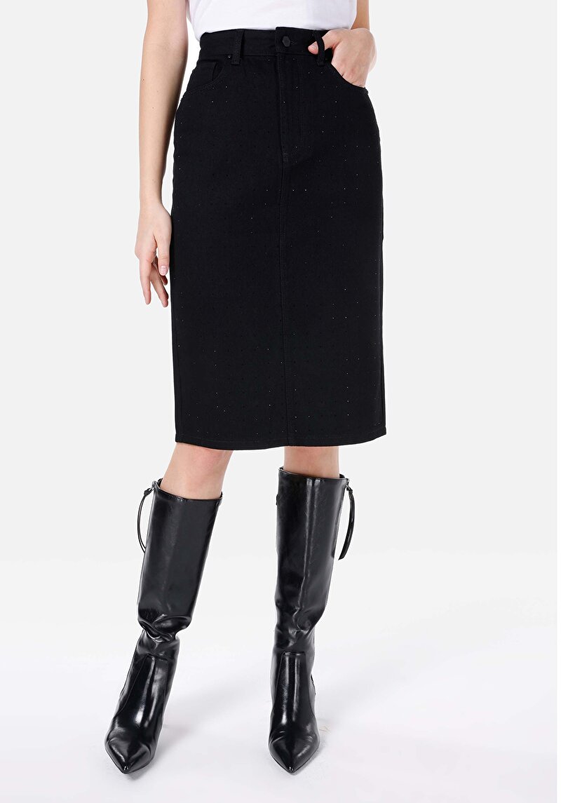 Regular Fit Düz Düğmeli Kadın Koyu Mavi Etek