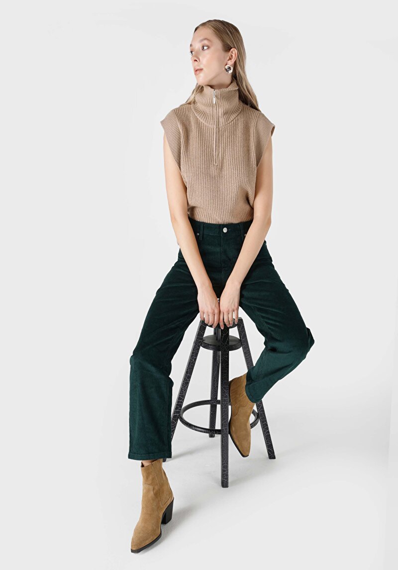 Regular Fit Yüksek Bel Geniş Paça Cepli Kadın Yeşil Pantolon