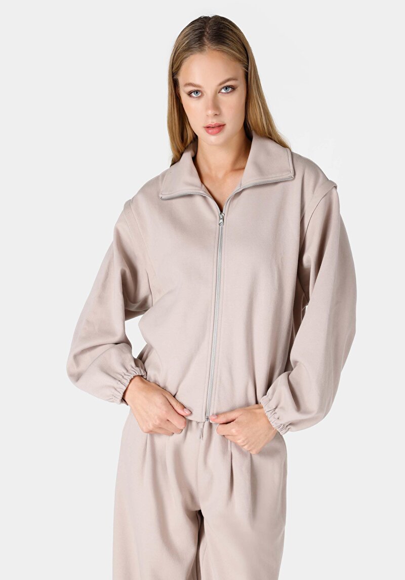 Regular Fit Fermuarlı Astarsız Kadın Bej Ceket