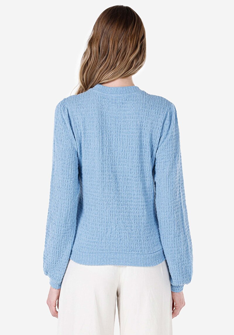 Regular Fit Yuvarlak Yaka Düz Kadın Mavi Uzun Kol Tişört