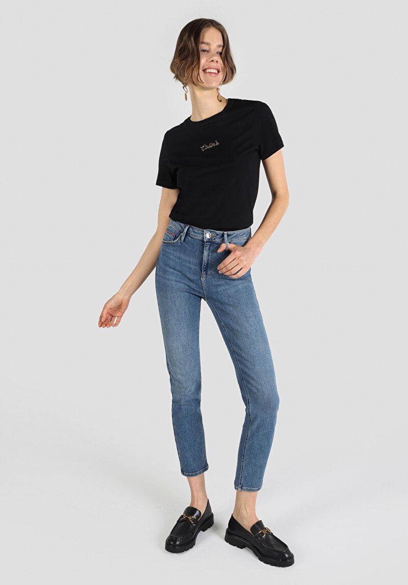 Slim Fit Orta Bel Düz Paça Kadın İndigo Jean Pantolon