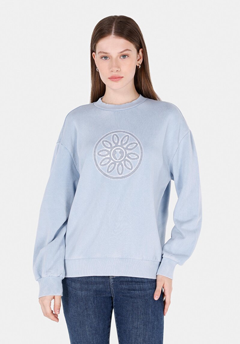Regular Fit Yuvarlak Yaka Baskılı Kadın Mavi Sweatshirt