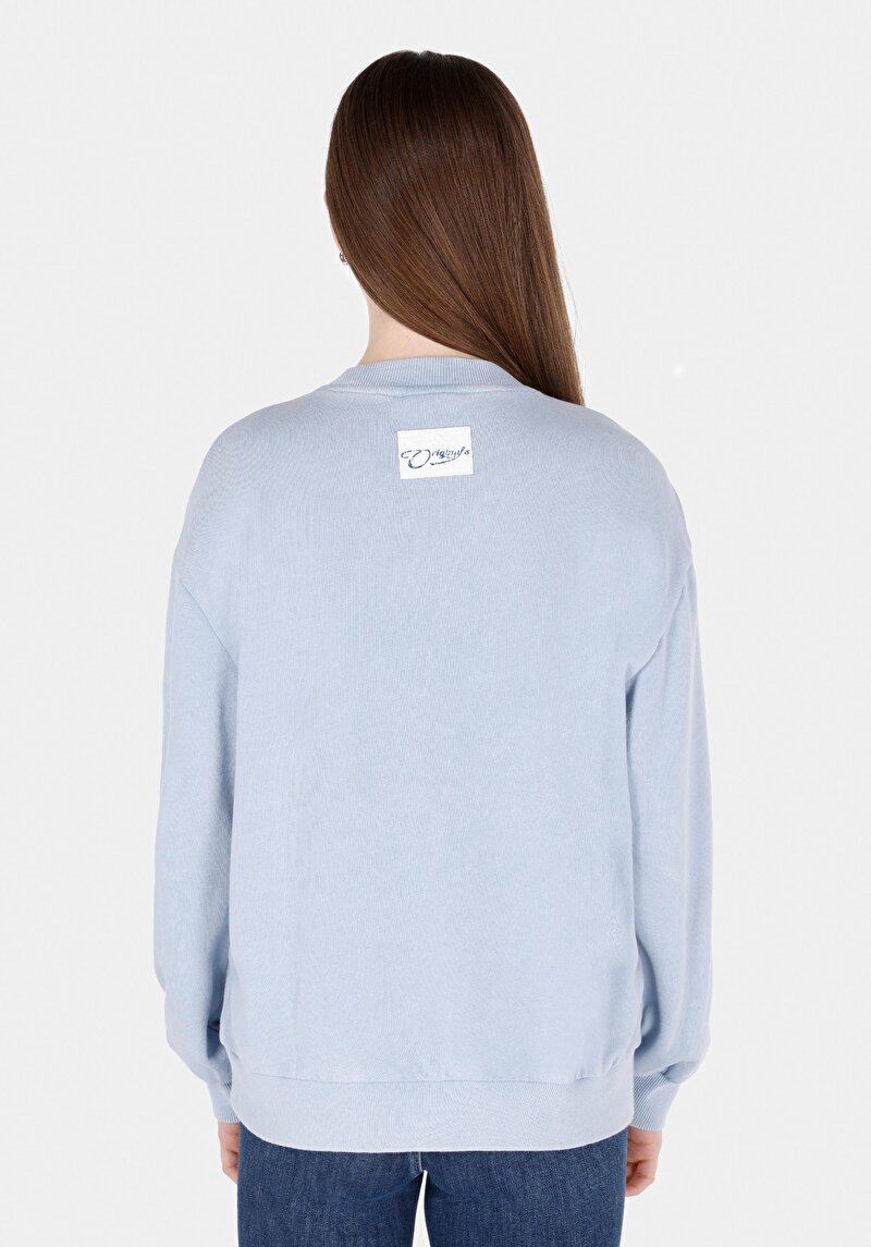 Regular Fit Yuvarlak Yaka Baskılı Kadın Mavi Sweatshirt