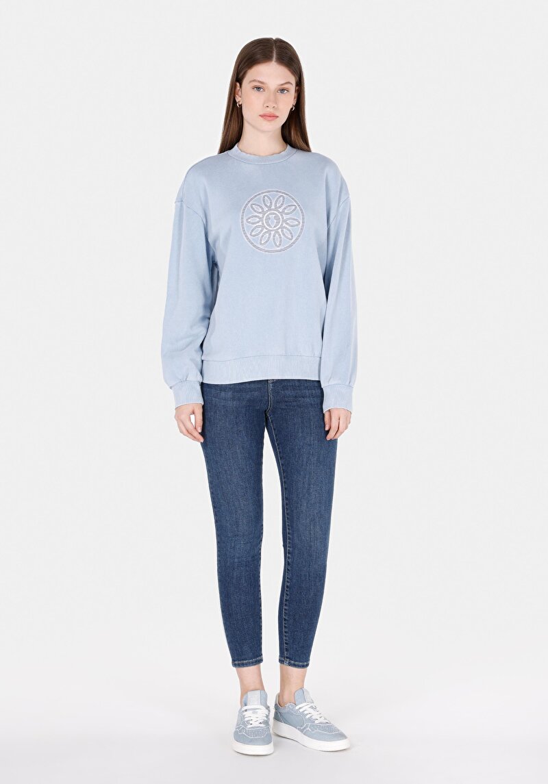 Regular Fit Yuvarlak Yaka Baskılı Kadın Mavi Sweatshirt