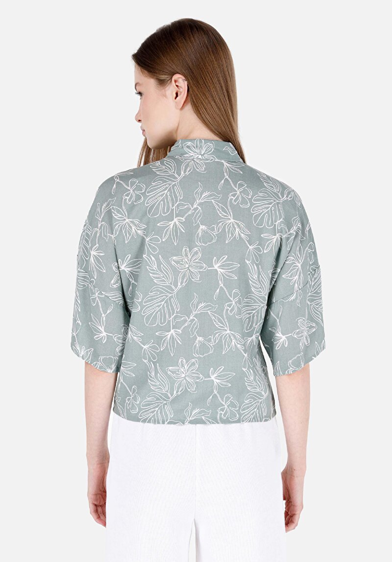 Regular Fit Shirt Neck Çiçekli Kadın Yeşil Kısa Kol Gömlek