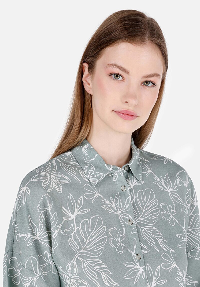 Regular Fit Shirt Neck Çiçekli Kadın Yeşil Kısa Kol Gömlek
