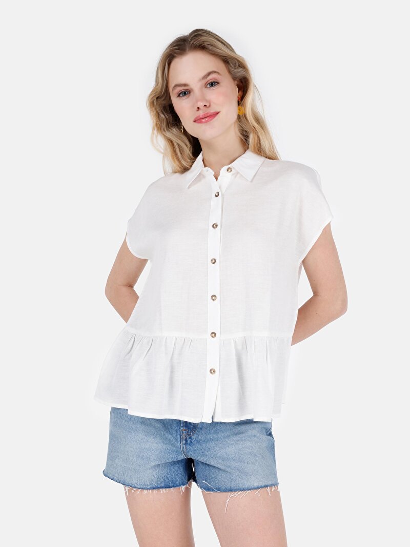 Regular Fit Shirt Neck Cepsiz Düz Kadın Beyaz Kısa Kol Gömlek