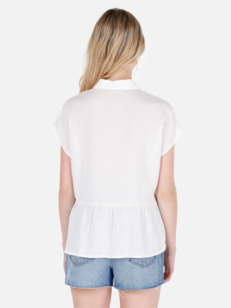 Regular Fit Shirt Neck Cepsiz Düz Kadın Beyaz Kısa Kol Gömlek