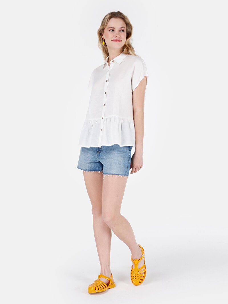 Regular Fit Shirt Neck Cepsiz Düz Kadın Beyaz Kısa Kol Gömlek