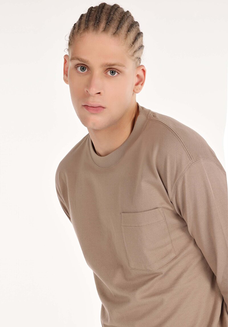 Regular Fit Yuvarlak Yaka Düz Erkek Bej Uzun Kol Tişört