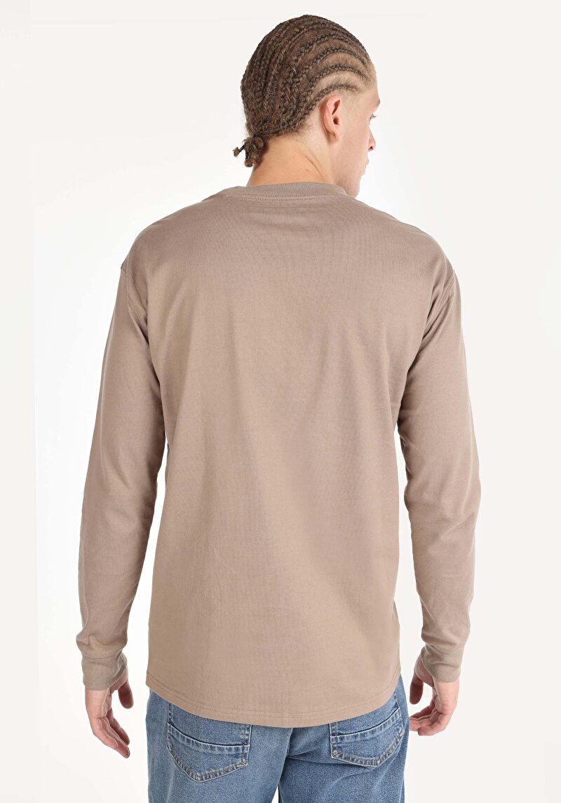 Regular Fit Yuvarlak Yaka Düz Erkek Bej Uzun Kol Tişört