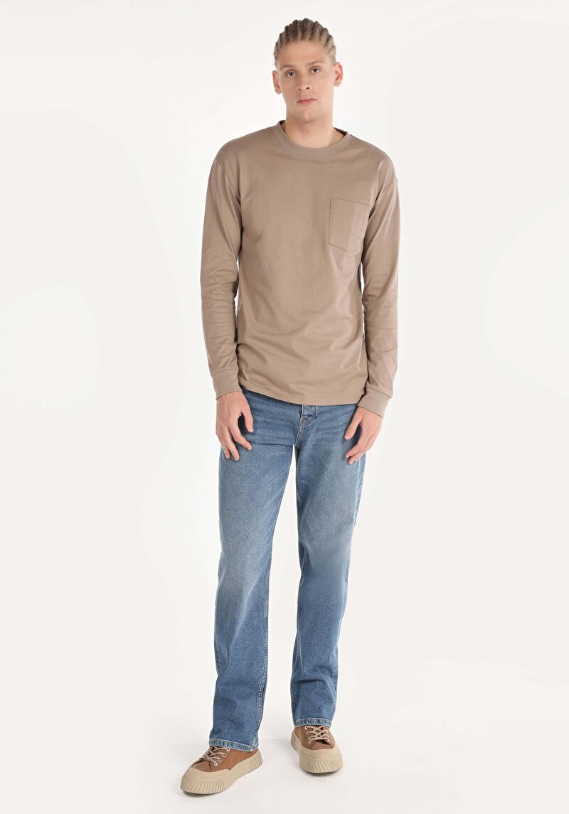 Regular Fit Yuvarlak Yaka Düz Erkek Bej Uzun Kol Tişört