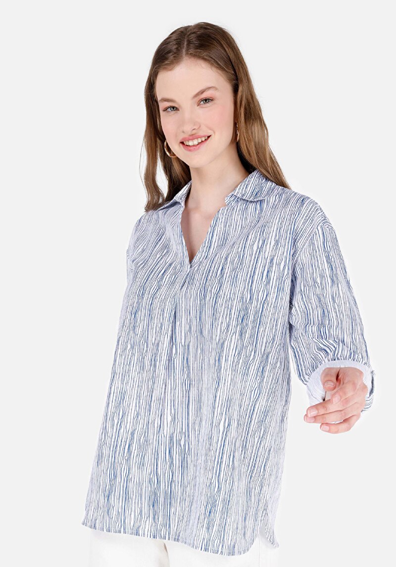 Regular Fit Shirt Neck Çizgili Kadın Beyaz Roll-Up Gömlek