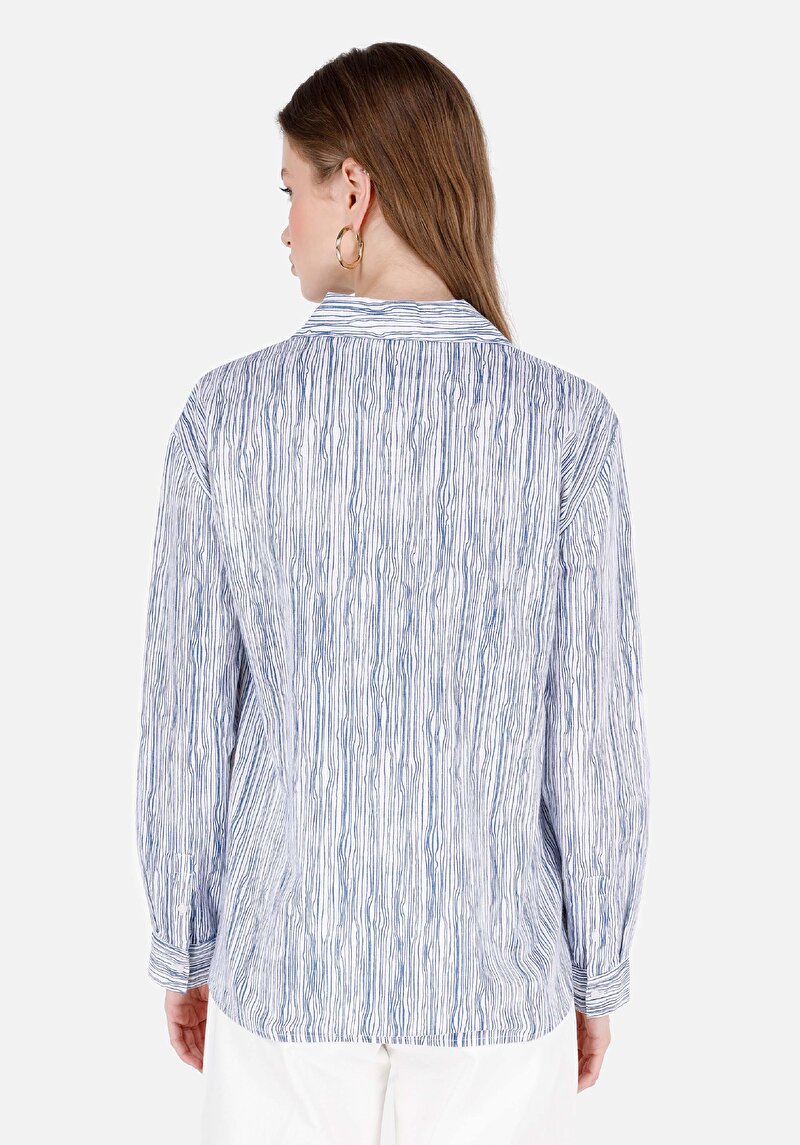 Regular Fit Shirt Neck Çizgili Kadın Beyaz Roll-Up Gömlek